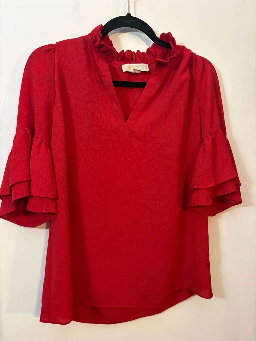 MICHAEL Michael Kors Red Ruffled V-Neck Bell Sleeve Blouse - Picture 2 of 5